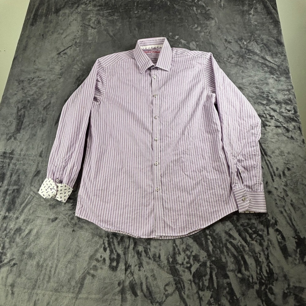 Report Collection Button Down Mens L 16.5 Purple Striped Paisley Trim Shirt